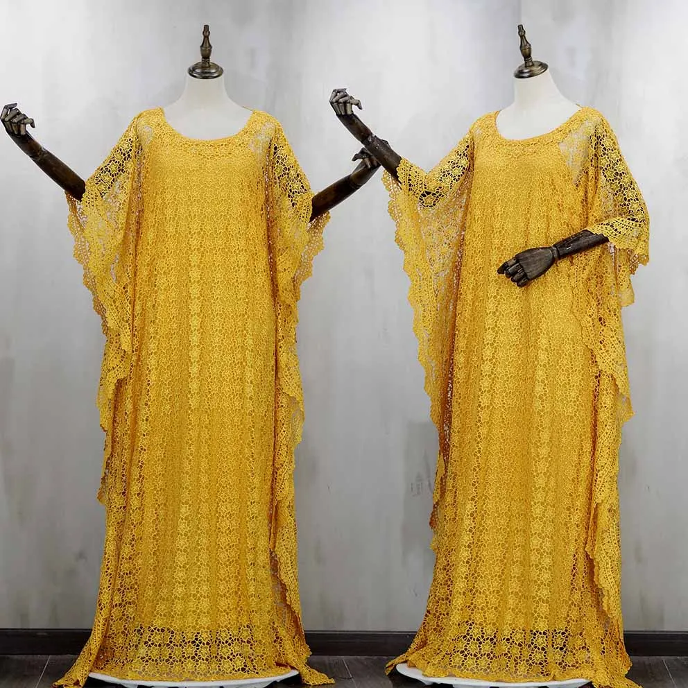 

New Fashion African Women Dashiki Water-Soluble Guipure Cord Lace Loose Long Dress + Inside Skirt Two Piece Free Size