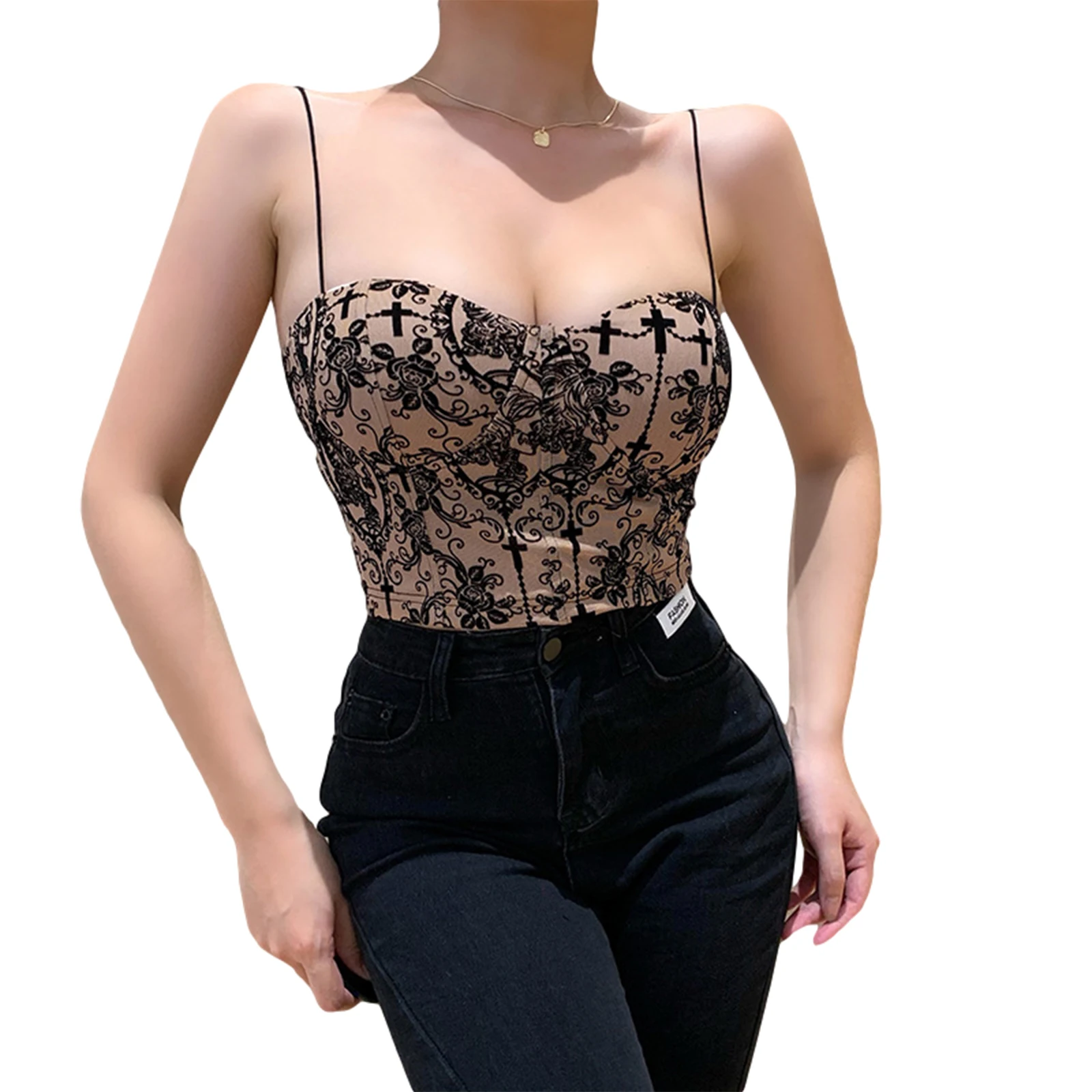 

Women’s Sexy V-neck Camisole Female Ladies Fashion Embroidered Backless Exposed Navel Suspender Tops