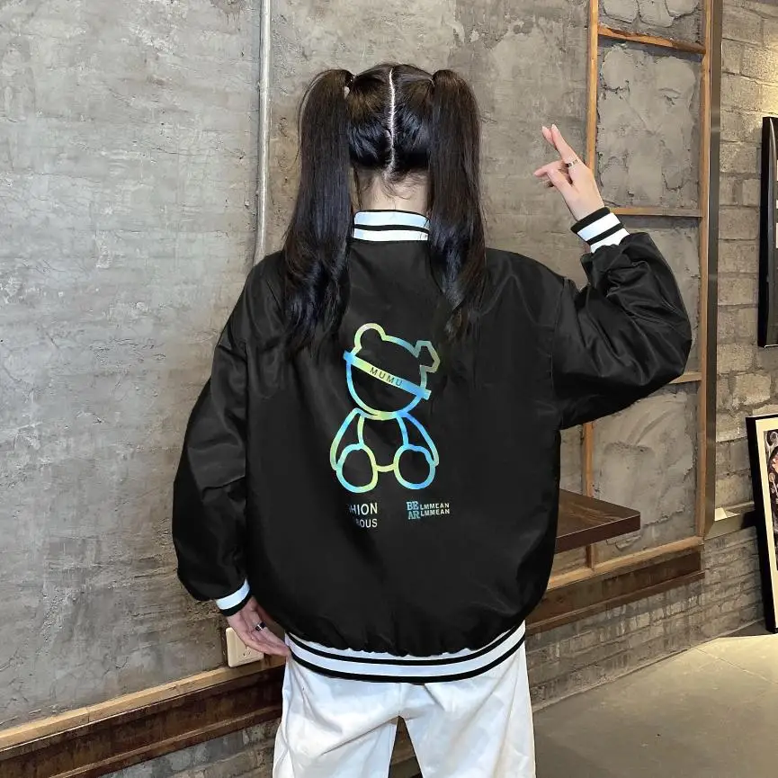 

Women 2021 Fashion Street Loose Baseball Uniform Jacket Coat Vintage High Neck Long Sleeve Female Outerwear Chic Tops