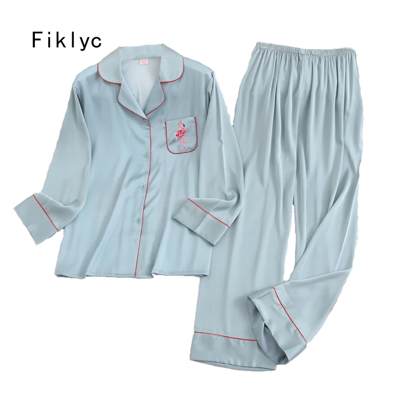 

Fiklyc нижнее белье с длинным рукавом 2020 весенние женские пижамы invierno mujer шелковые пижамы Фламинго атласные пижамы наборы conjuntos