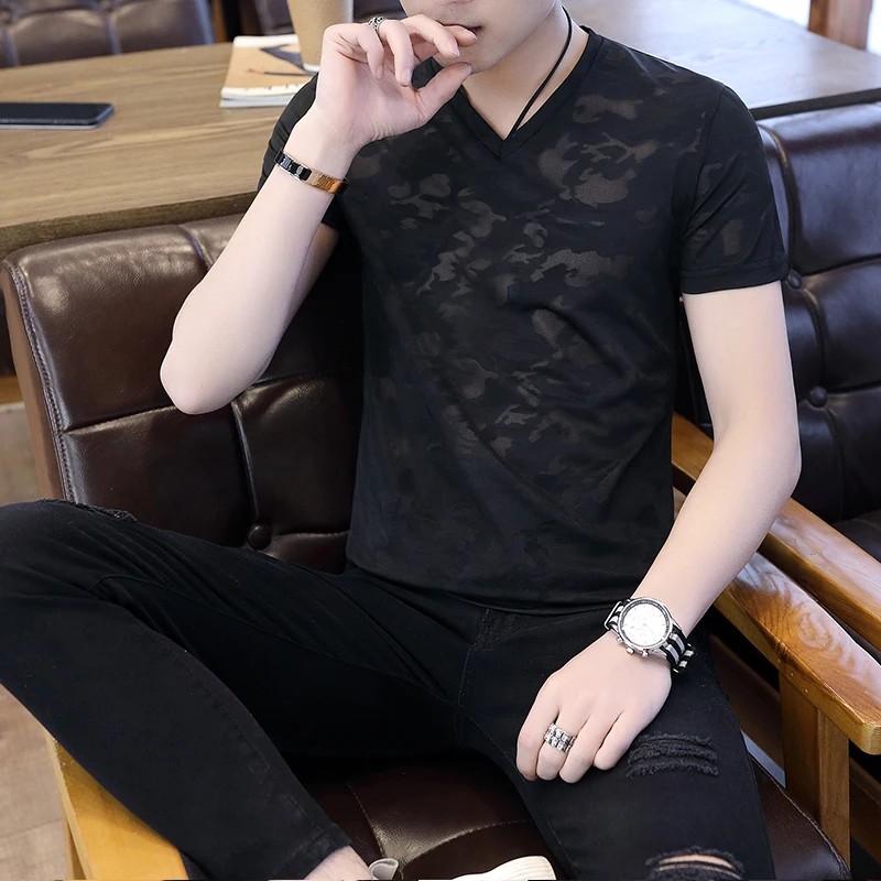 

Ice New Men's Sexy Silk Shirts Solid Color Camouflage Male Transparent V-neck Short Sleeves T shirt Tops