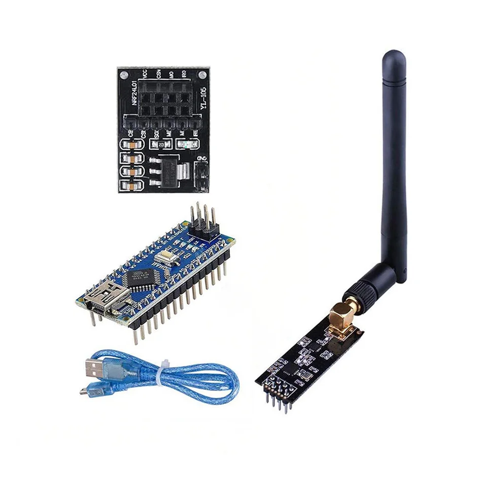 

Wireless Transceiver Receiver NRF24L01+PA+LNA RF Module with 2.4 GHz Antenna + NRF24L01 Regulator + Nano V3.0 ATmega328P Board