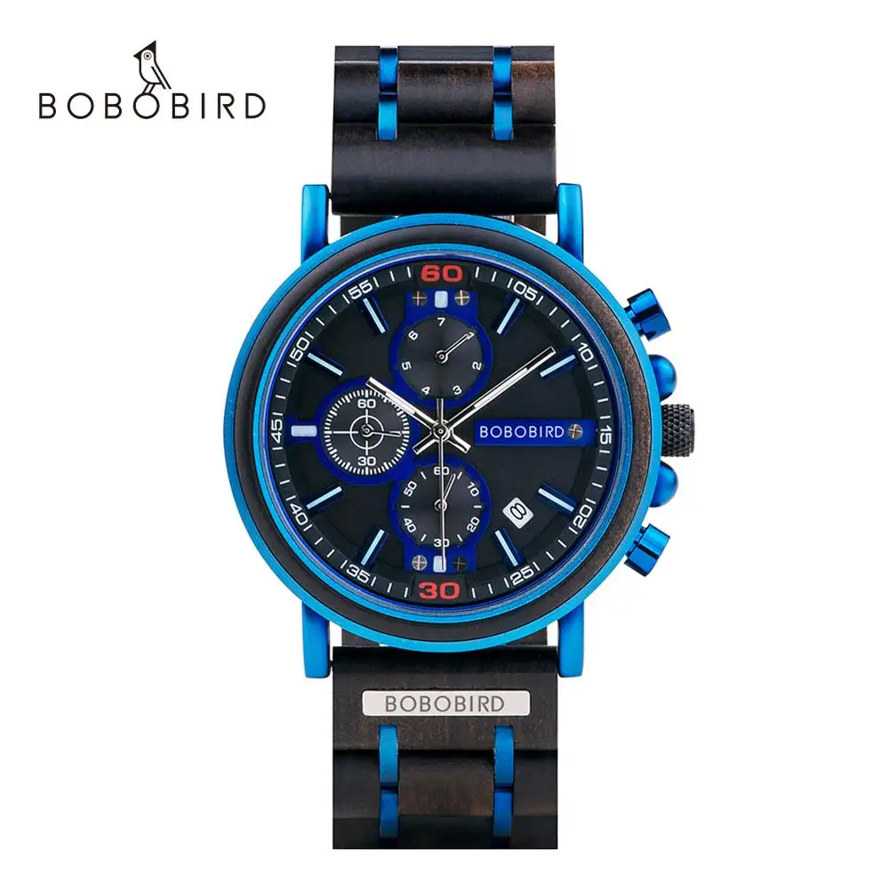 

BOBO BIRD Wooden 2020 Men Watch Chronograph Blue WatchesTop Brand Luxury Military Quartz Wristwatch Wooden Box reloj hombre