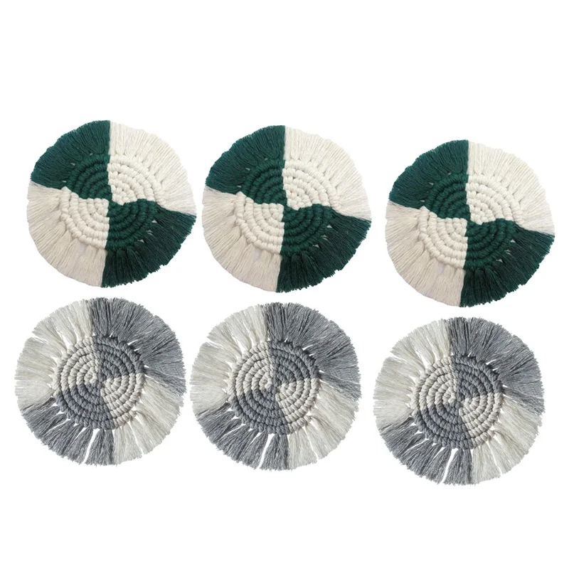 

6 Pack Coaster for Drinks,Coasters with Tassel,Handmade Woven,for Home,Coffee Table,Table Decor,Green&Gray