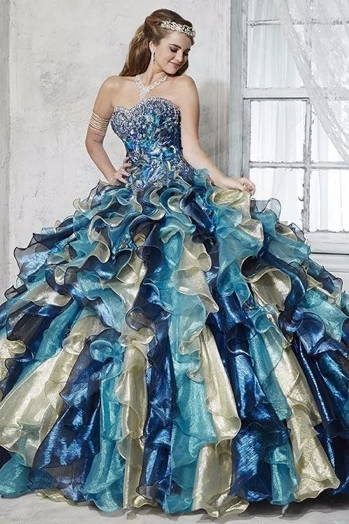 

Custom Made 2019 Vintage Blue Colorful Quinceanera Dresses Organza Floor Length Princess Girls Bridal Sweet 15 16 Dresses