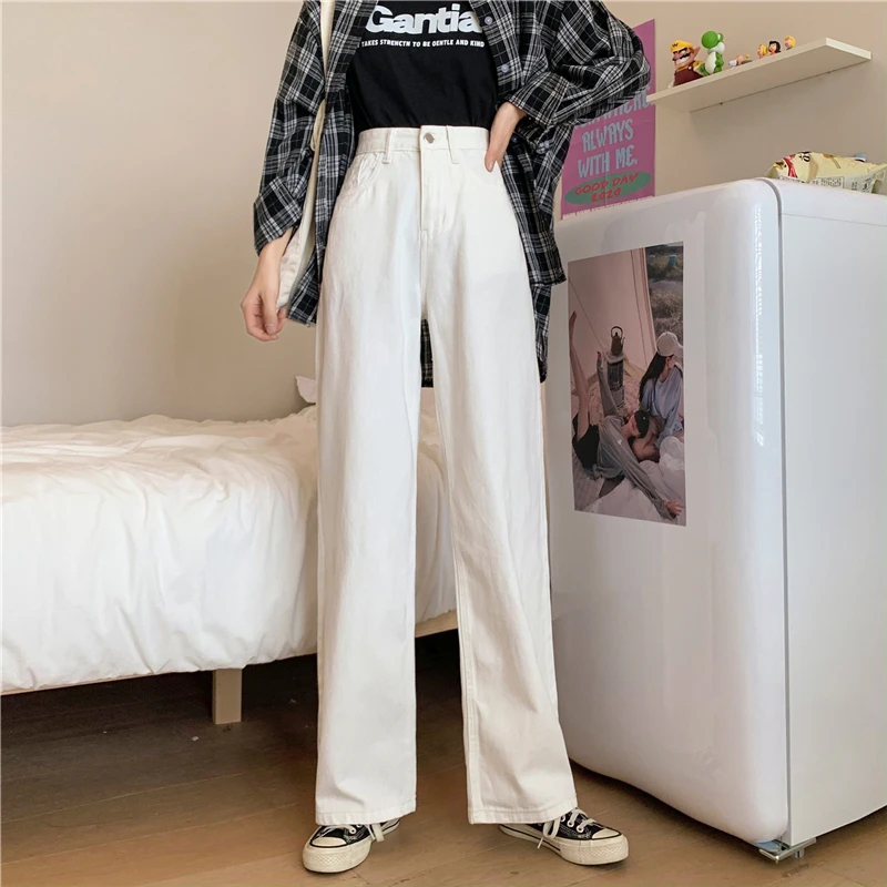 Woman Black Straight Jeans High Waist Trousers Wide Leg Denim White Streetwear Vintage Fashion Denims Straight Long Pants