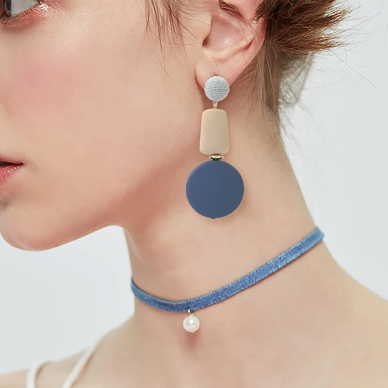 

BLINLA New Fashion Korean Wooden Dangle Drop Earrings for Women Statement Geometric Blue Round Long Earring 2019 Wedding Jewelry