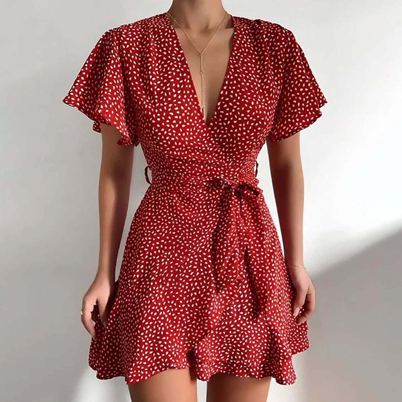 

2021Verano de las mujeres Floal vestido dulce elegante Floral con volantes de cuello en V vendaje Vestido corto vest