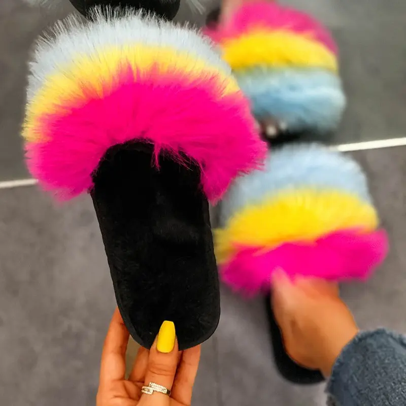Тапки женские меховые искусственный мех сланцы для знаменитостей модные