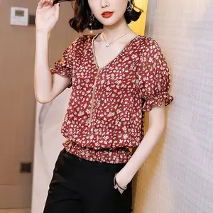 Блузка женская шифоновая с принтом, элегантная Свободная рубашка в Корейском стиле с V-образным вырезом и коротким рукавом, DD8655, весна-лето
