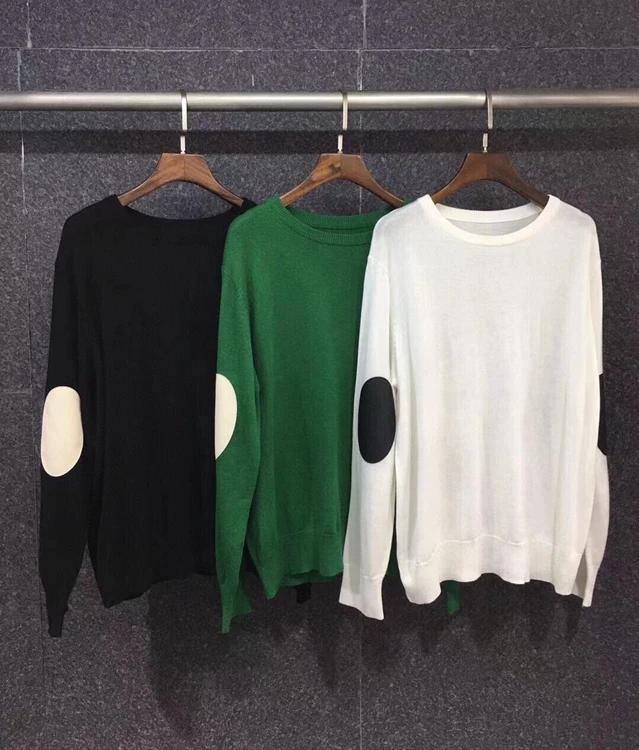 

2021 new women fashion round neck sleeves and leather color matching decoration long-sleeved all-match knitted top 1021