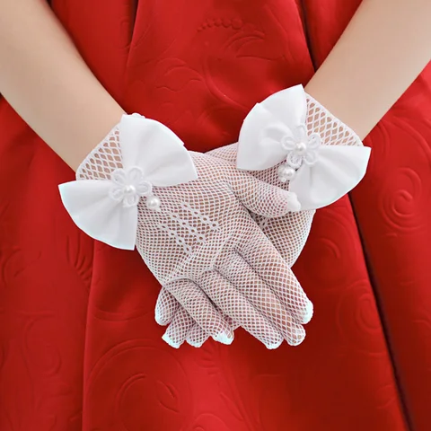 Новые милые цветочные короткие перчатки для девочек, сетчатые кружевные перчатки с бантом и украшением из жемчуга, Детские Модные Элегантные Перчатки, варежки, товары для планшетов