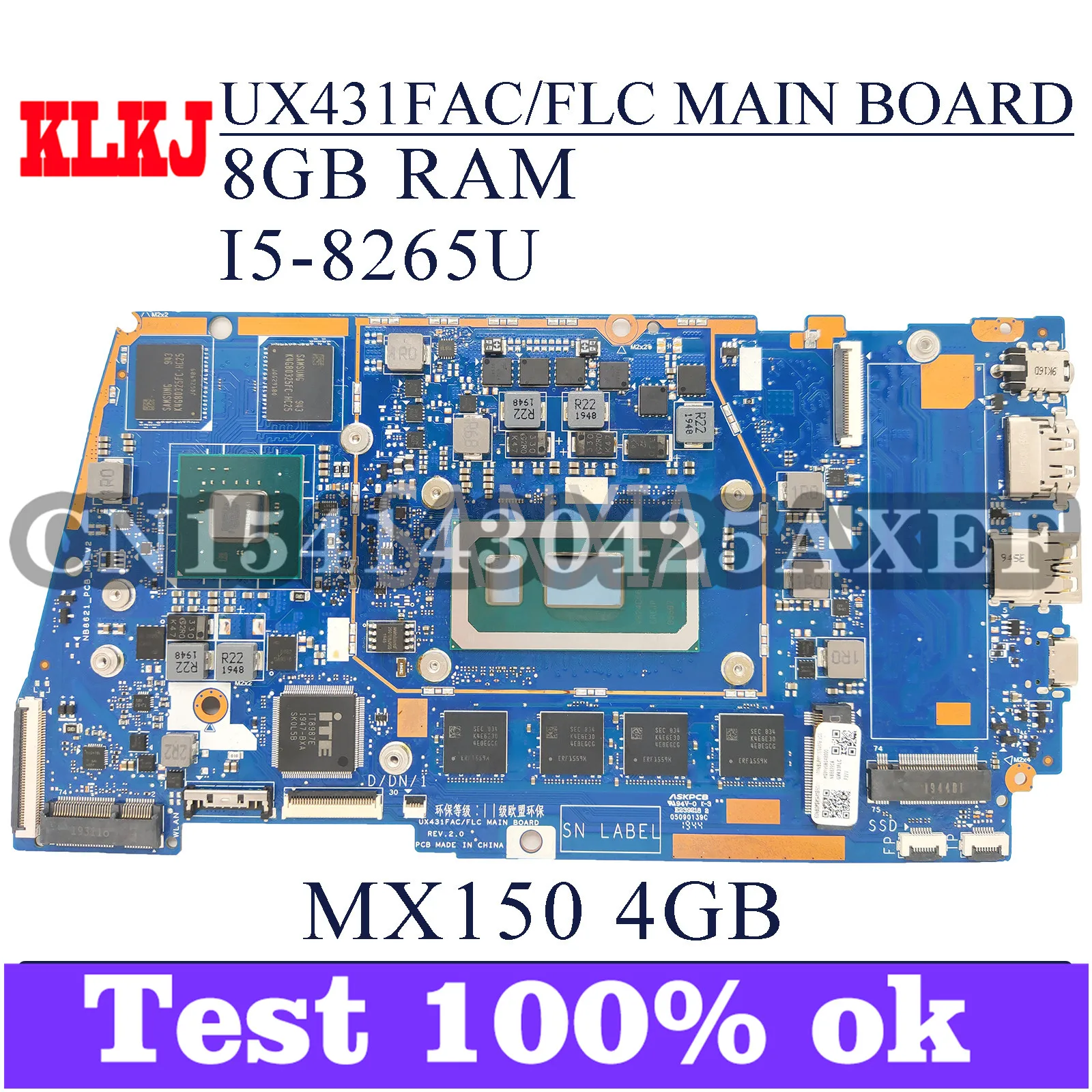 

KLKJ UX431FAC/FLC материнская плата для ноутбука ASUS ZenBook UX431FLC UX431FN UX431F оригинальная материнская плата 8GB-RAM I5-8265U MX150-4GB