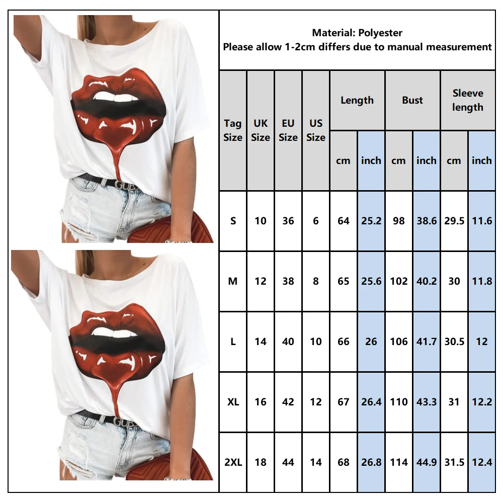 

Red Mouth Lip Printing T Shirt Women Short Sleeve Leisure Top Tee Casual Ladies Female T Shirts Round Neck Woman Clothing Q30