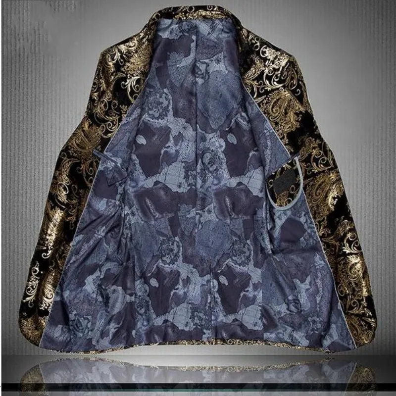 Золотой блейзер для мужчин цветочный Повседневный Тонкий Блейзер 2020 Новое
