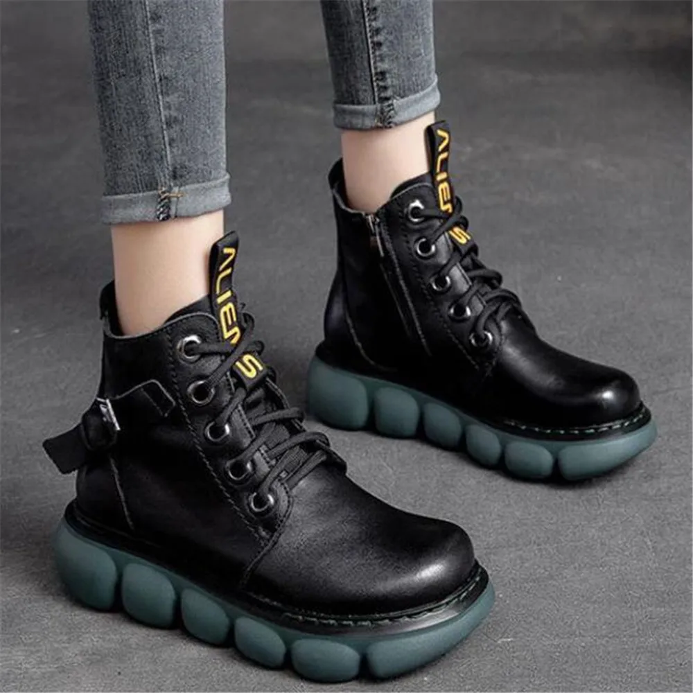 

New Vintage Mother Wedges Genuine Leather Ankle Boot For Women Lace-Up Winter Non Slip Shoes Female Platform Fashion Buckle Boot
