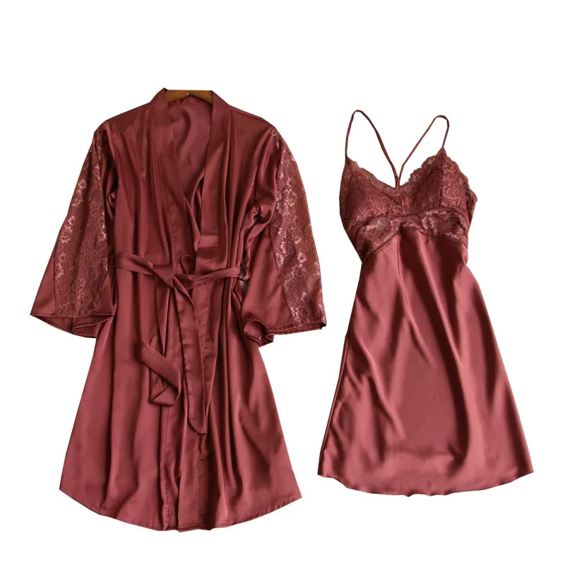 

Royal Nightwear Casual Kimono Bathrobe Gown Brown Sexy 2PCS Robe Set Women Summer New Intimate Lingerie Sleepwear Nightgown