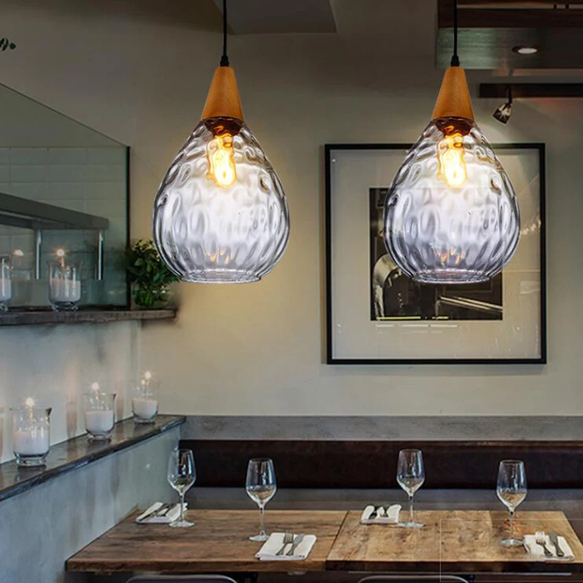 

Nordic creative glass pendant lamp dia 16 20cm gray amber clear Water drop shape glass bottle wood hanging lamp for restaurant