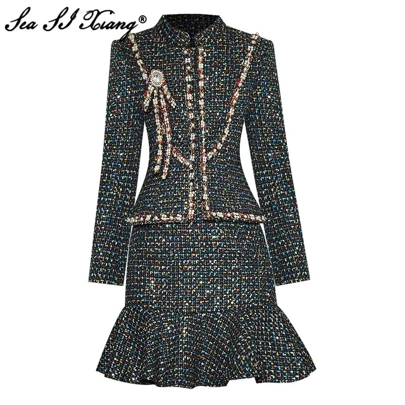 

Seasixiang Fashion Designer Autumn Winter Tweed Suit Women Stand Collar Long Sleeve Beading Jacket+Mermaid Skirt Two Pieces Set