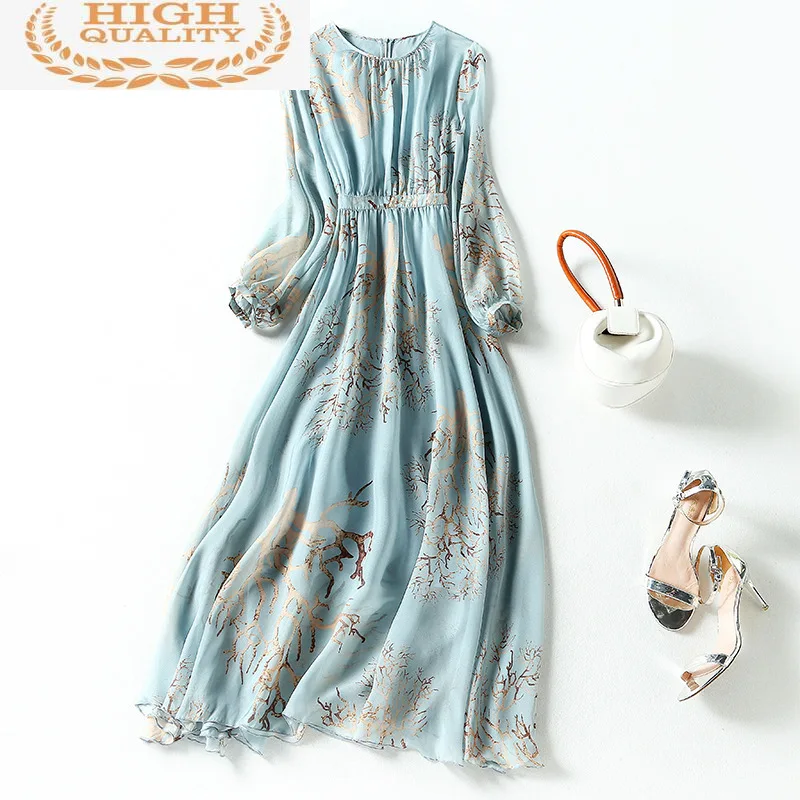 

Женское длинное пляжное платье, элегантное шелковое платье с цветочным принтом и длинным рукавом, модель 100% на лето и весну, 2021