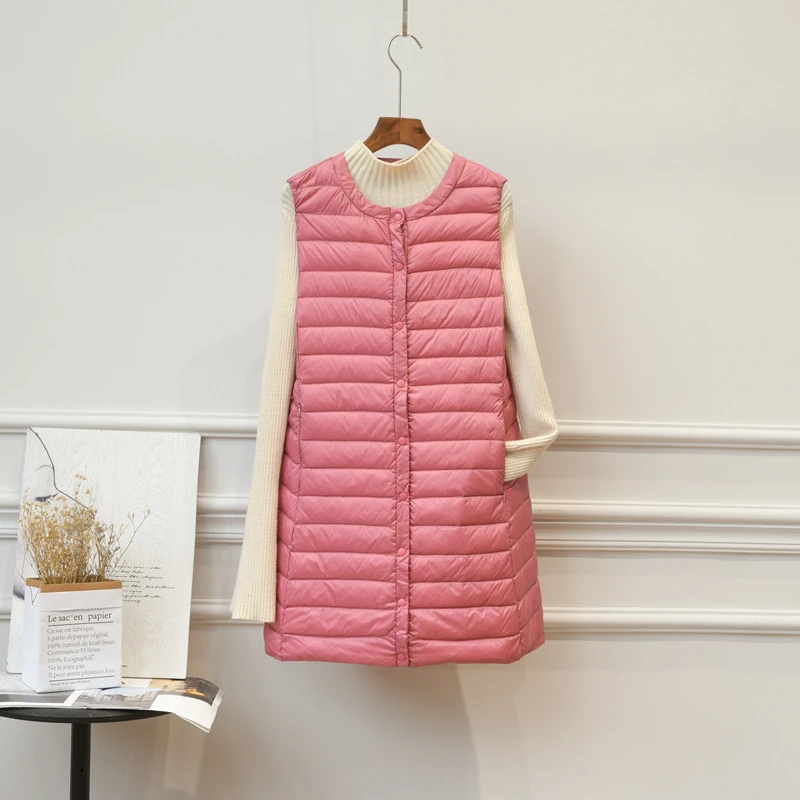 

Новинка Зима 2021, брендовый ультралегкий женский длинный пуховой жилет, ветрозащитный легкий теплый пуховой жилет без рукавов, длинный тонк...