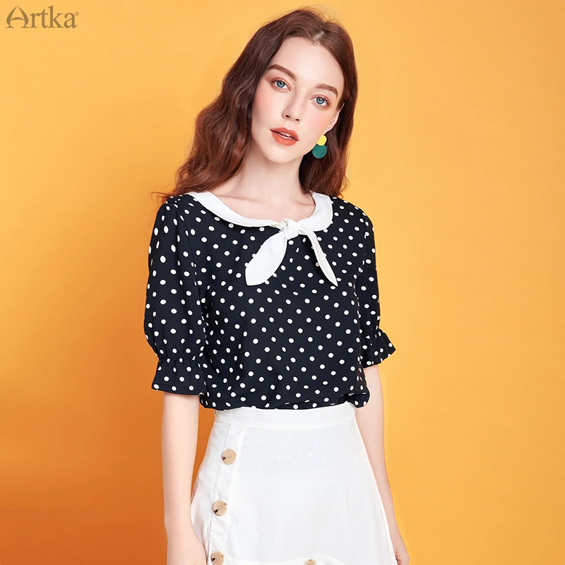 Женская шифоновая блузка в горошек ARTKA рубашка стиле ретро с круглым воротником и
