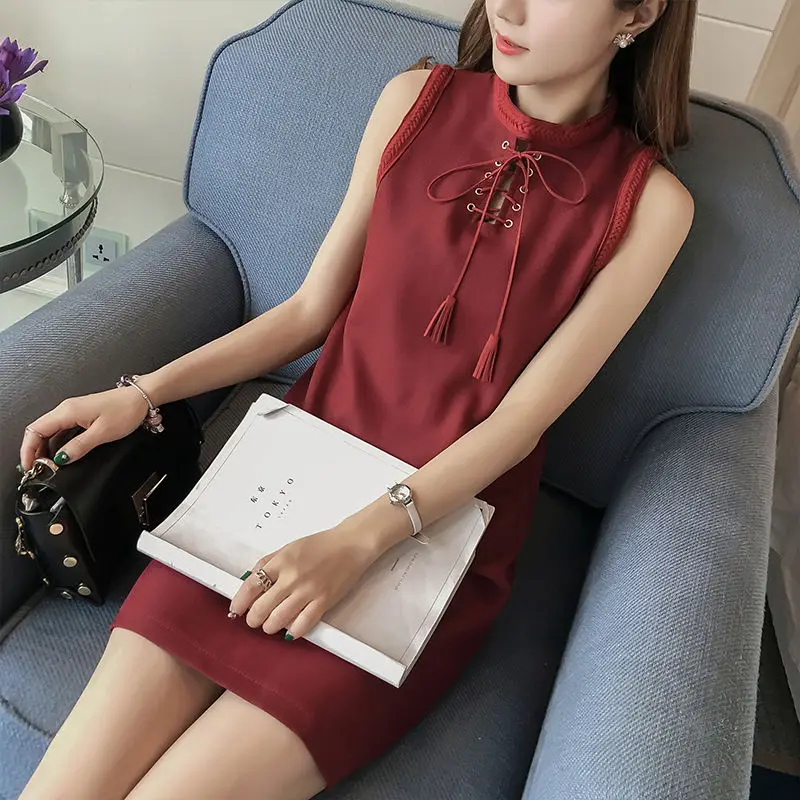 

Women's Spring Summer Style Dress Women's Solid Color Lace Up Bow Sleeveless Elegant Casual Dress SS1413