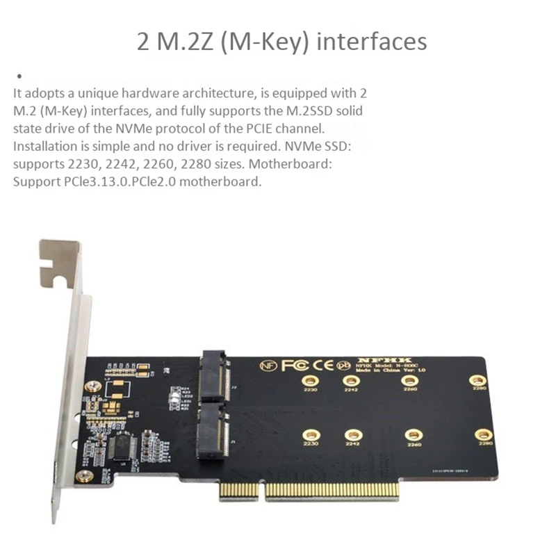 

PCI-E 3.0 X8 to Dual M.2 (M-Key) Adapter, Dust-Proof and Non-Conductive Adapter Supports 2230, 2242, 2260 and 2280 Sizes