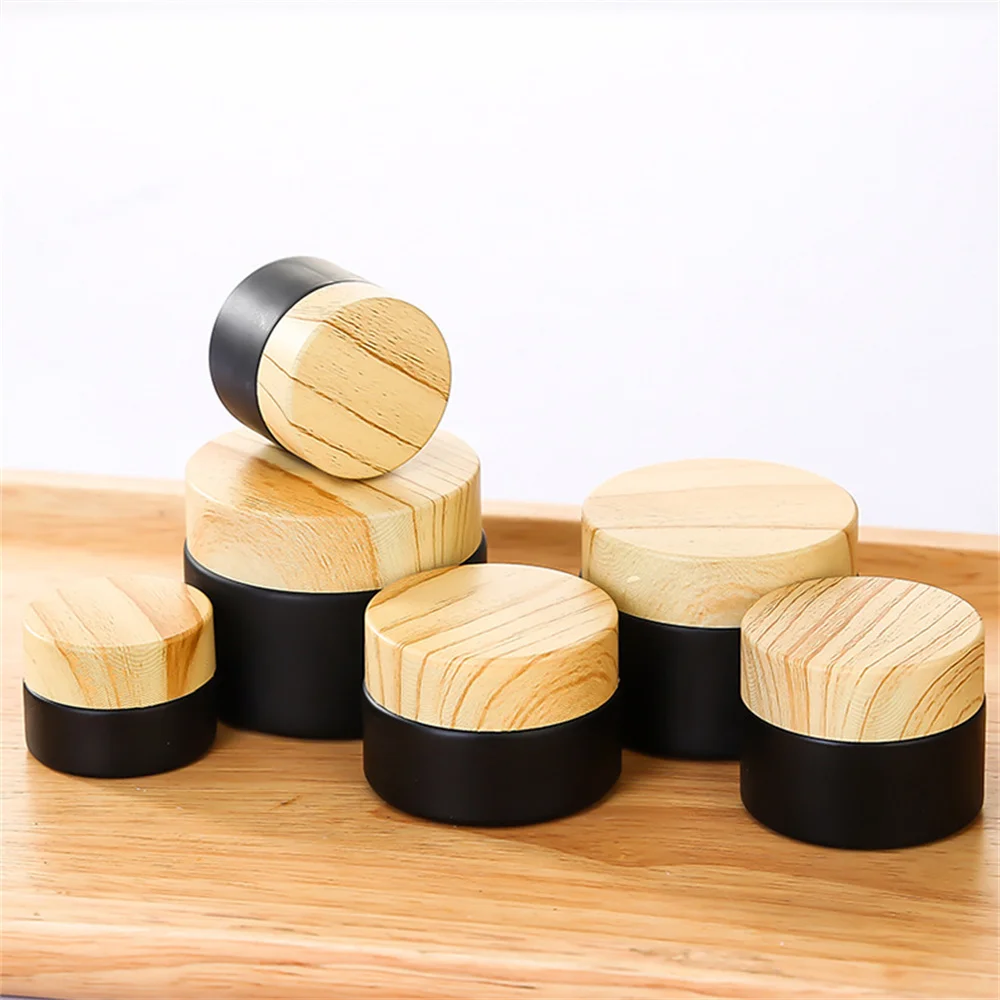 

5g/10g/15g/20g/30g/50g Glass Empty Jars Mini Pots Matte Black Cosmetic Face Cream Lip Balm Containers Wood Cap Refillable Bottle