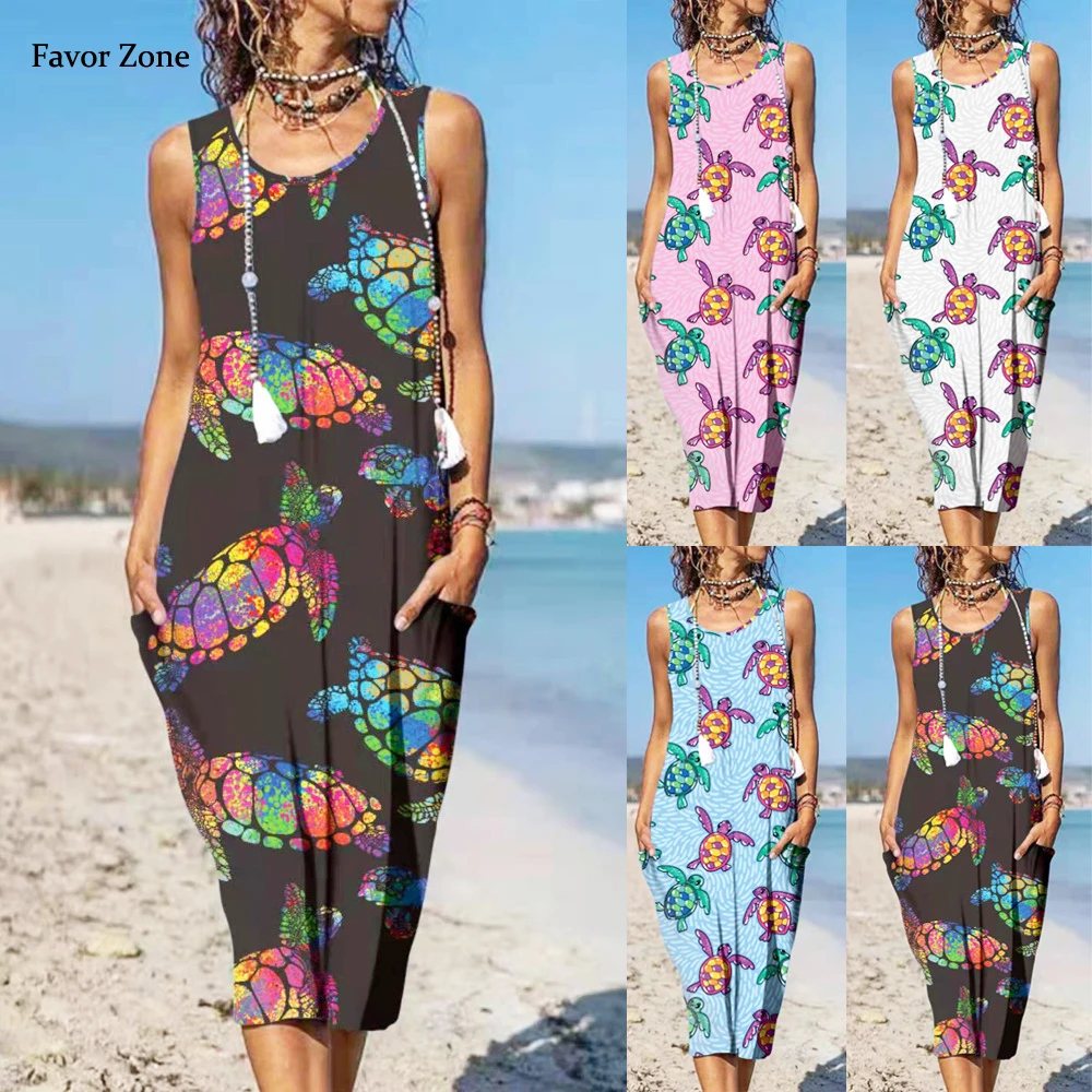 

Women Casual Boho Beach Midi Dresses Summer 2021 Sexy Bohemian Loose Elegant Sleeveless Tank Dress Sea Turtle Print Party Dress