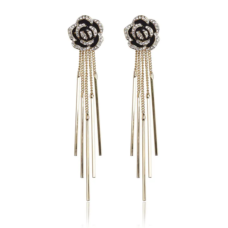 

Fashion Designer Camellia Jewelry Rhinestone Pendant Black Rose Floral Flower Earrings