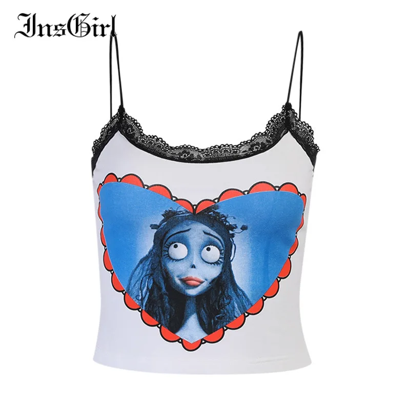 

InsGirl Dark Gothic Zombie Bride Print Camis Women Harajuku Grunge Sexy Lace Patchwork Top Vintage Emo Alternative Crop Tank Top