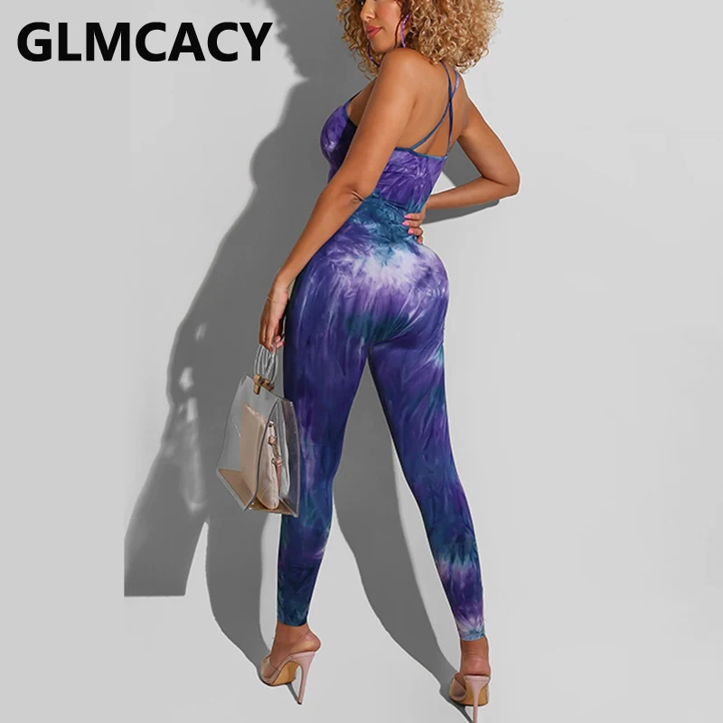 

Tie Dye Printed Spaghetti Strap Skinny Jumpsuit Summer Casual Overalls