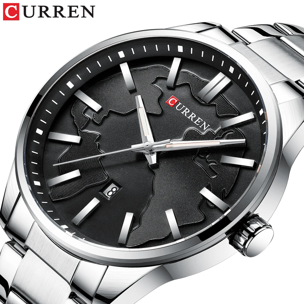 

CURREN Fashion Men's Watch Silver Stainless Steel Black Creative Date Waterproof Clocks Luminous Hands Male Quartz Wrist Watches