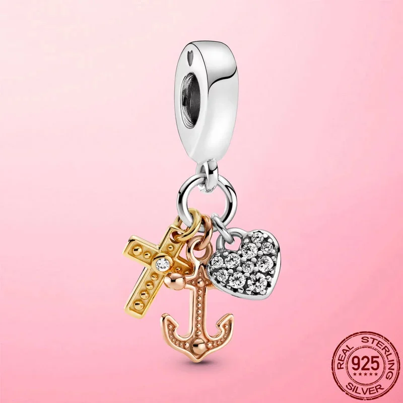 

New 925 Sterling Silver Triple Tone Cross Heart Dangle Charm fit original Pandola Bracelet 2021 women DIY fine jewelry gifts hot