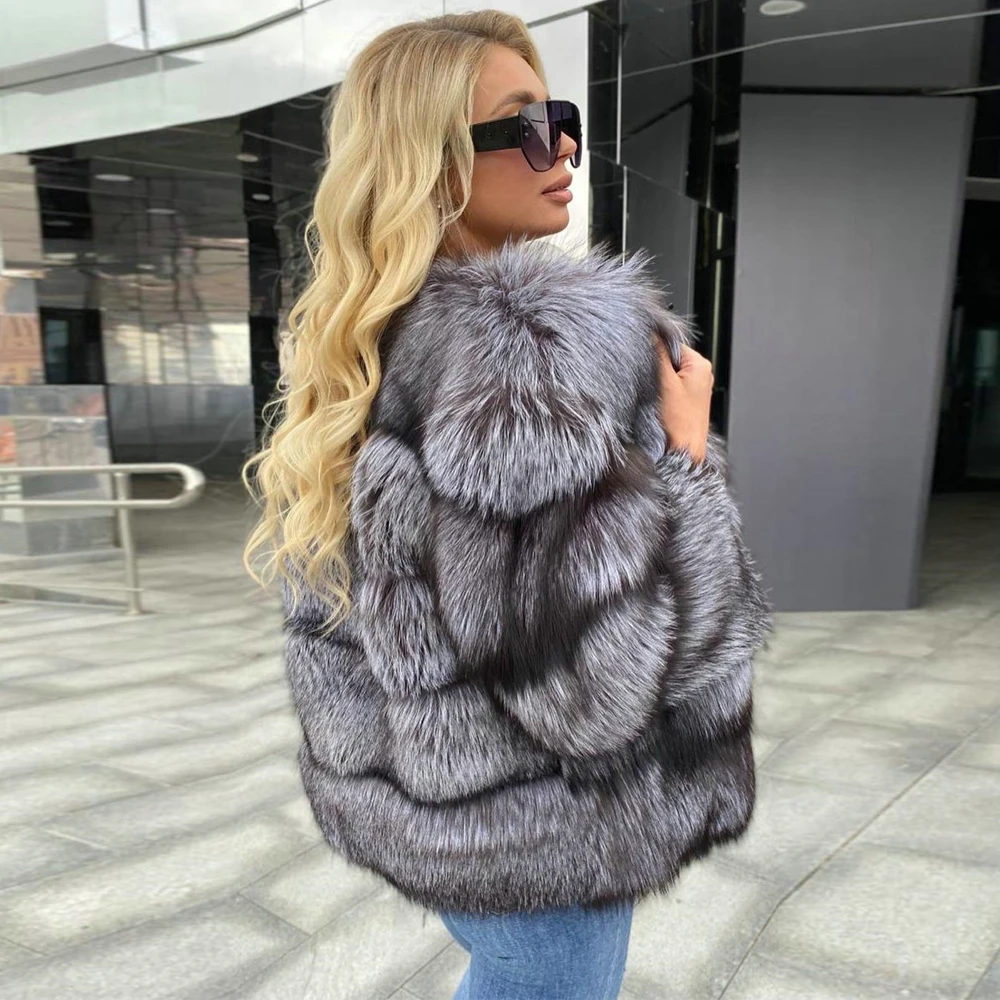 Women's Winter Real Silver Fox Fur Jacket O-neck Thick Warm Fashion Woman Genuine Whole Skin Fox Fur Coat Outwear Luxury Female