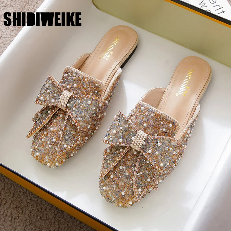 

Women Mules Slippers Bling Rhinestone Butterfly Shoes Summer Ladies Sandals Slippers Flats Comfort Shoes Female Fashion Hot