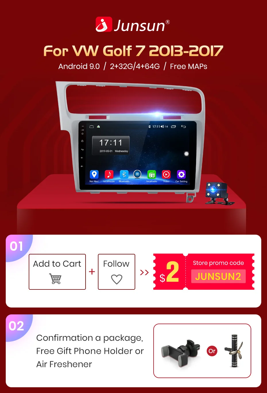 Junsun 2G+ 32G Android 8,1 4G Автомобильный Радио мультимедийный плеер для Volkswagen Golf 7 2013- навигация gps 10,1 ''Авто 2 din без dvd