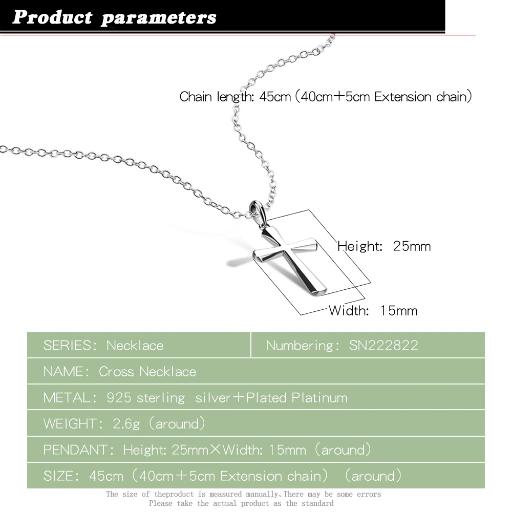 Religious Style Jewelry Women's S925 Sterling Silver Cross Pendant Chokers Necklace Classic Solid Chain 45CM With Giftbox | Украшения и