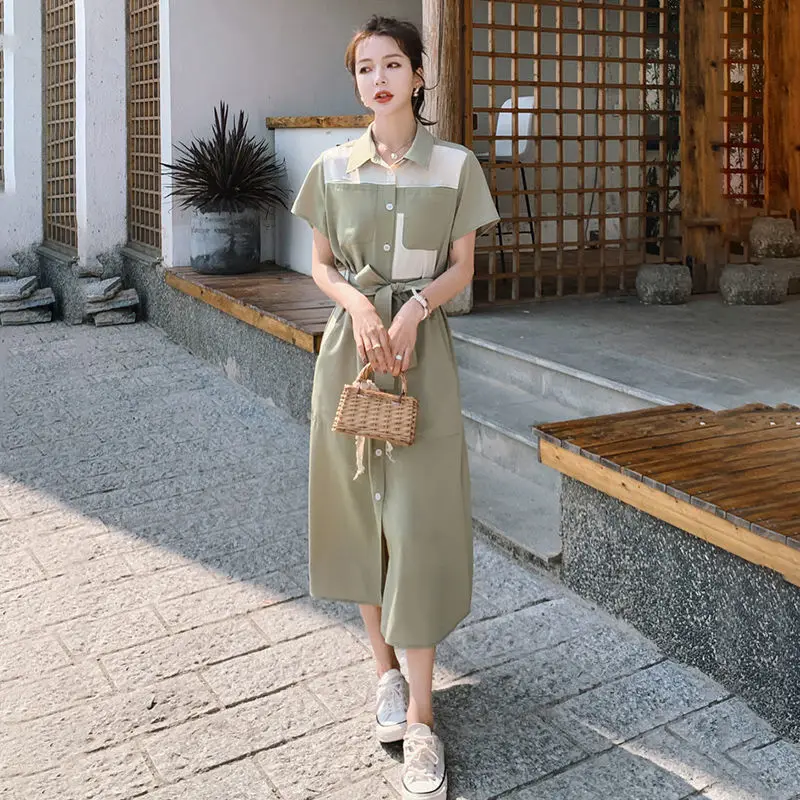 

Stitching temperament dress summer dress 2021 slim waist chiffon dress shirt dress slim lapel tie fresh mid-length skirt