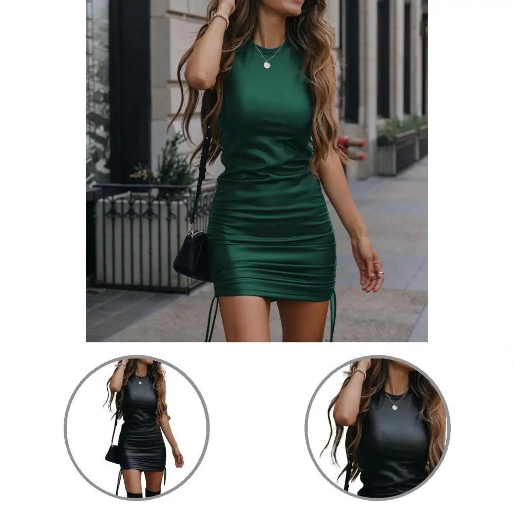 

Autumn Winter Vintage Drawstring Pleated Mini Dress Sexy Mini Dress O Neck for Daily Wear