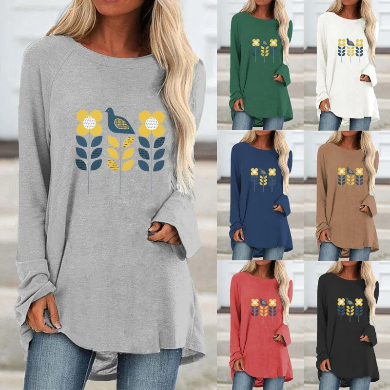 

Autumn Fashion Cartoon Printing Clothing for Women Round Neck Long Sleeve Pullover Solid Color Graphic Loose Shirt Casual Top