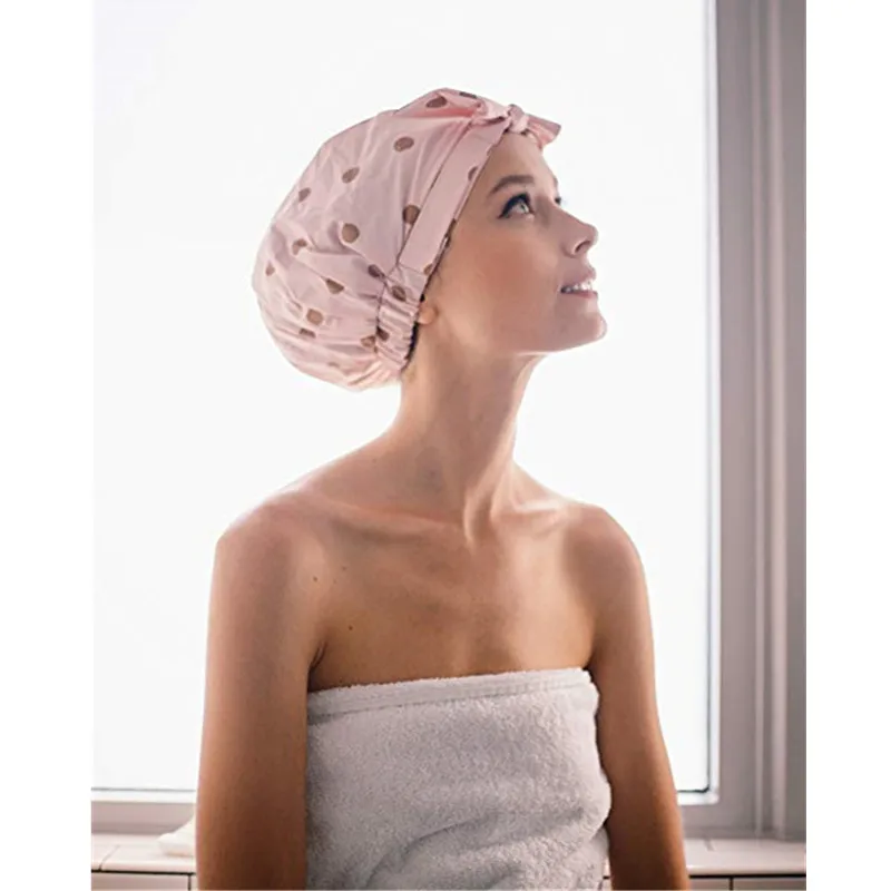 

2021 New Elastic Adjustable Shower Cap Set Toe Cap With Stripes Hot Sale Bow Waterproof Double Layer Shower Cap