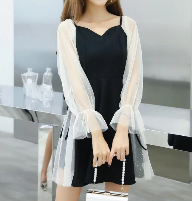 

Autumn sequined mesh long sleeve patchwork mini dresses women high waist black short dresses