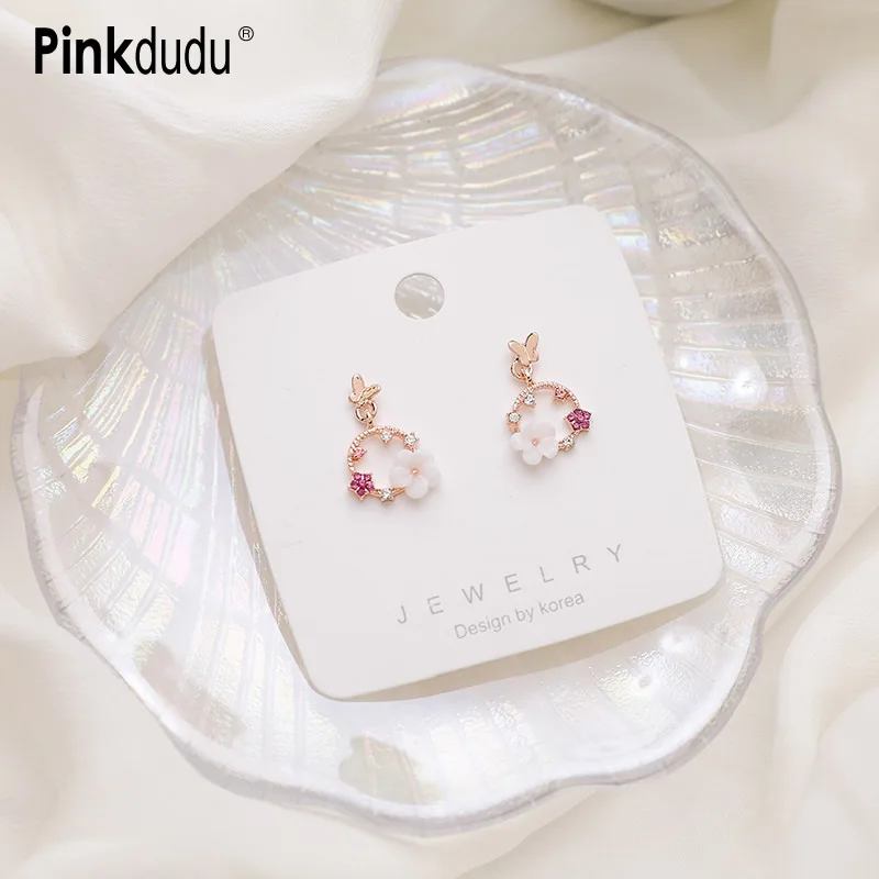 

Pinkdudu милые серьги в виде бабочек ракушек цветов модные простые инкрустированные стразы из сплава серьги для женщин ювелирные изделия подар...