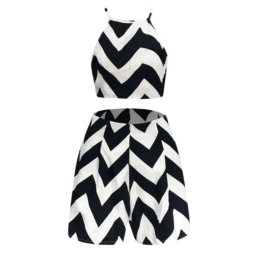 

2020 Summer Fashing New Arrival Fashion Sexy Women Wavy Stripes Sleeveless Casual Dress Pants Matching suit 2 piece set women