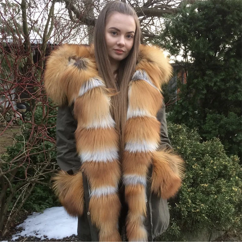 EIFURKOP натуральным Толстовка с принтом лисьей морды парка на меху капюшоном Для
