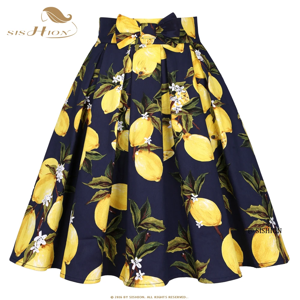 

SISHION Lemon Floral Printed Bow Blue Women Vintage Skirt SS0012 Harajuku High Waist Cotton Tennis Summer Midi Skirt