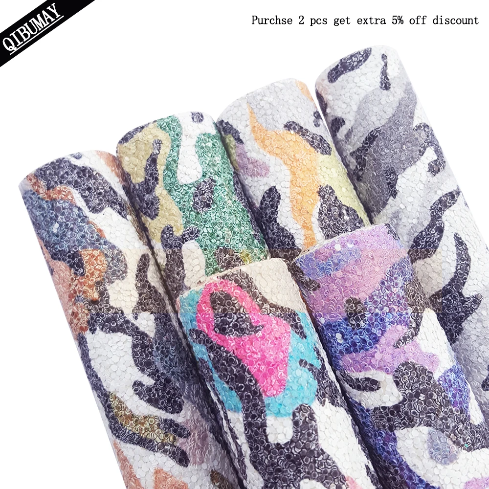 

QIBU 22*30cm Camouflage Chunky Glitter Fabric A4 Size Colorful Faux Leather Sheets DIY Hairbow Bags Earring Crafts Accessories