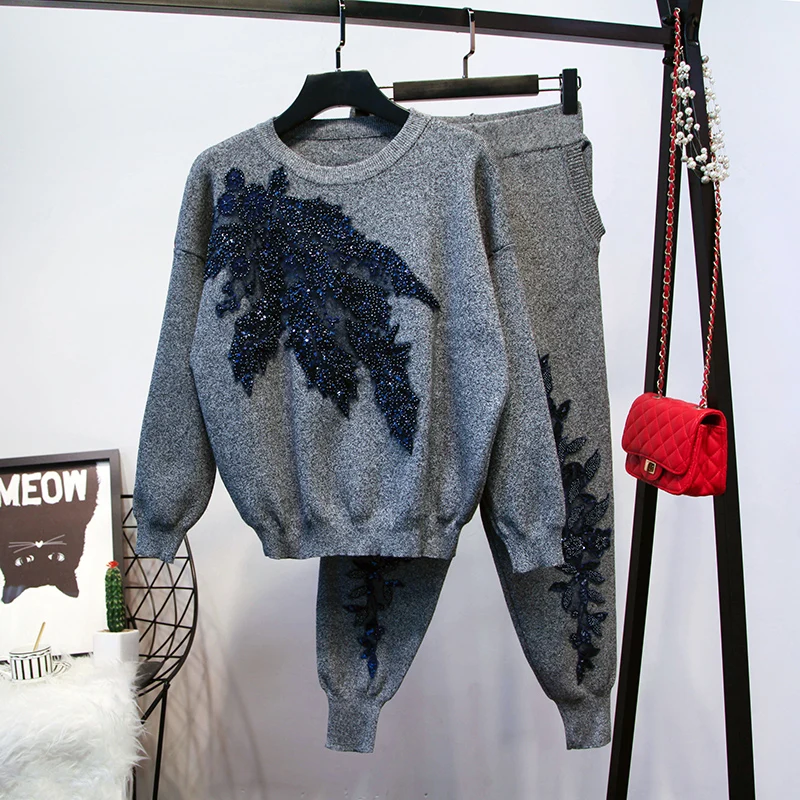 

Casual Knitted Tracksuit Outfits Women Beaded Sequin Flower Pullover tops long Pants Autumn 2 pc Set Loose Knitwear Suits Female